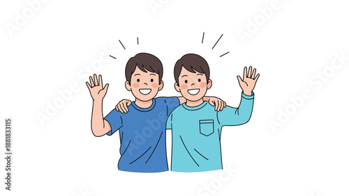 Two young boys, best friends, stand together with their arms around each other while waving happily at the viewer.