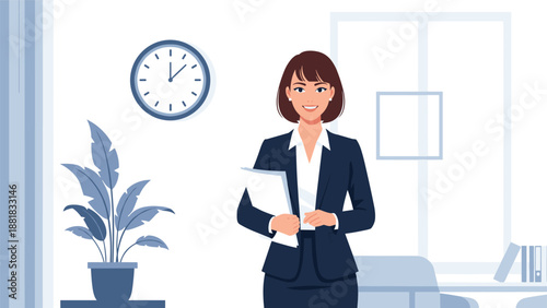 Professional businesswoman in a dark suit holds documents and smiles while standing in a bright modern office with a clock.