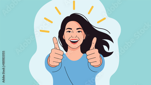Enthusiastic young woman smiles broadly while giving a double thumbs up gesture against a blue and white background.