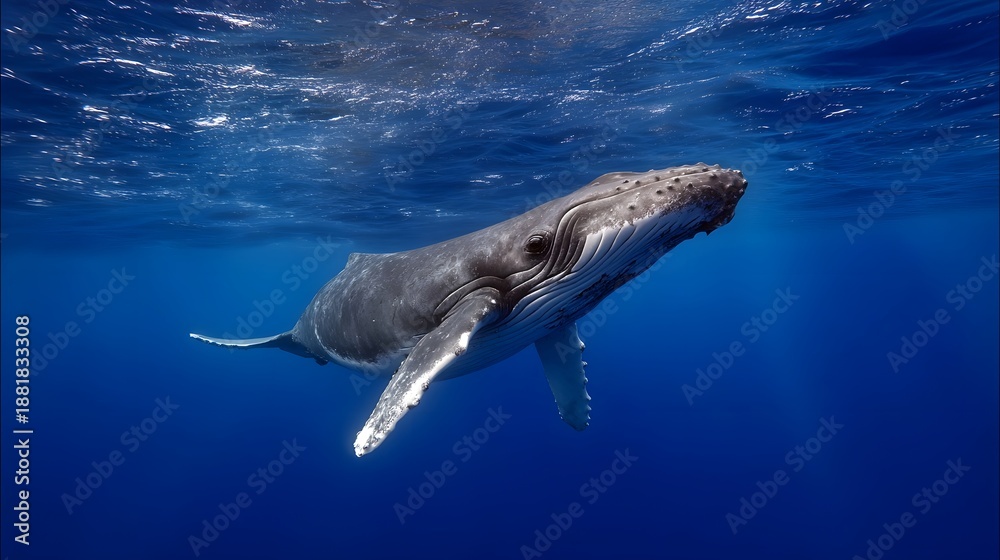 Fototapeta premium A majestic humpback whale glides gracefully through deep blue ocean waters with sunlight filtering from the surface