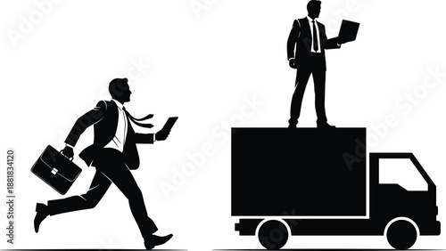 Businessman running with briefcase and smartphone, male executive standing on delivery truck with laptop, logistics and fast shipping service vector illustration, career