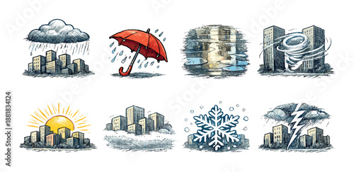 Urban weather icons: rain, snow, sun, storm over city skyline illustration