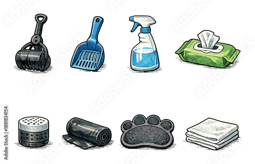 Essential pet cleaning tools: litter scoop, spray bottle, wet wipes, trash bags, paw mat, cleaning cloth