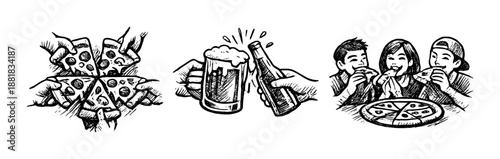 Monochrome food and drink celebration with pizza, drinks, and friends