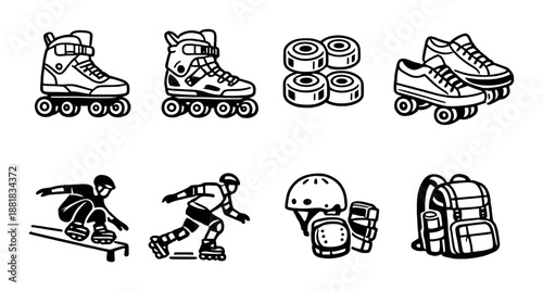 Roller skating gear and accessories icons set on black background
