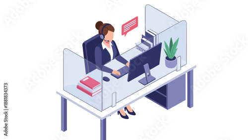 Professional office employee with a headset working at a computer desk with glass partitions in a modern call center.