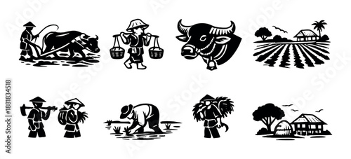 Silhouette art of asian farmers and buffalo in rural landscapes