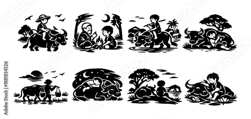 Traditional asian village life silhouettes with buffaloes