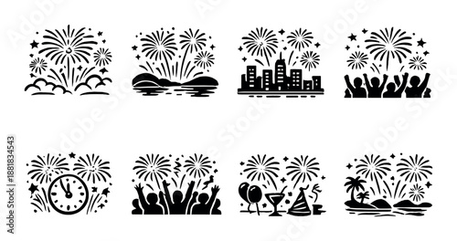 Silhouette firework celebration scenes with people and cityscape elements