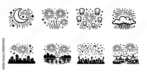 Festive nighttime scenes with fireworks, lanterns, and celebrations