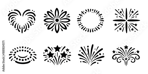 Silhouette collection of eight unique firework shapes on black background