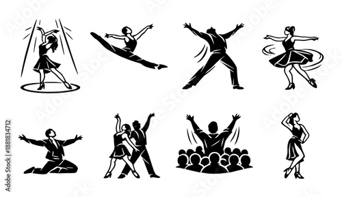 Performers in dynamic dance poses set against a dark background in stylized silhouettes