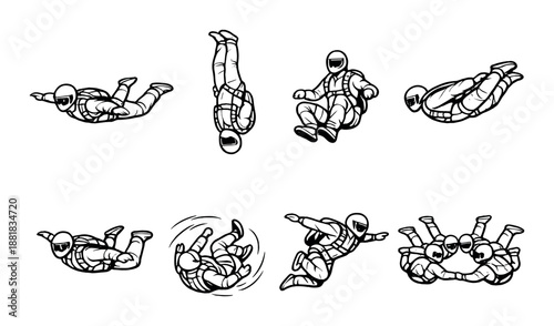 Illustrated skydiving poses: dynamic positions and aerial acrobatics