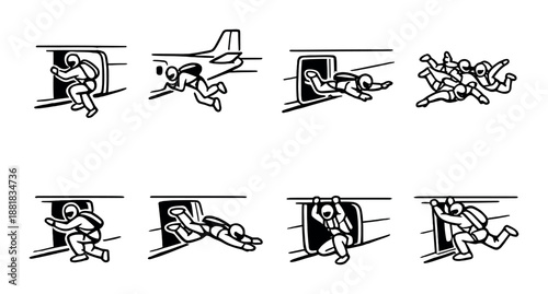 Skydiving escape sequence: eight white silhouettes of skydivers exiting a plane