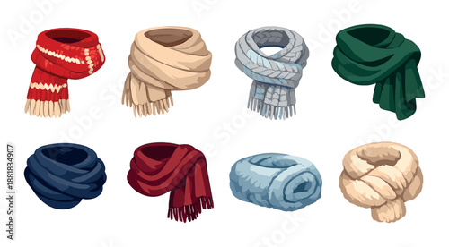 Colorful collection of seven cozy scarves on dark background
