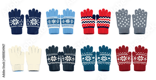 Colorful winter gloves set with various patterns on display