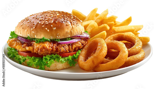 Classic double cheeseburger with fries and onion rings on a diner table
