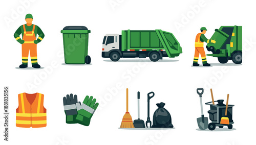 Waste collection equipment and worker in safety gear illustration