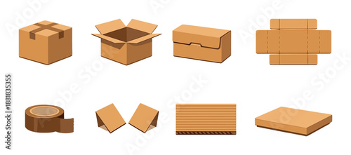 Various cardboard boxes and packaging materials on gradient background