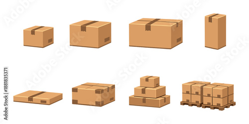 Various cardboard boxes arranged on wooden shelves