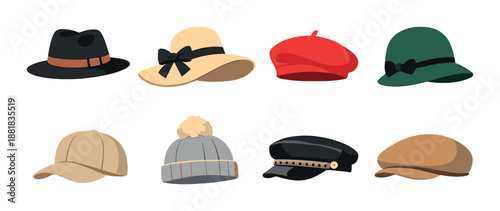 Collection of stylish hats and caps with various colors and designs