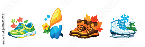 Seasonal footwear design: sneakers, sandals, boots, skates icon set