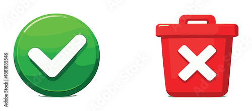 Green check mark and red trash bin symbols for approval and deletion