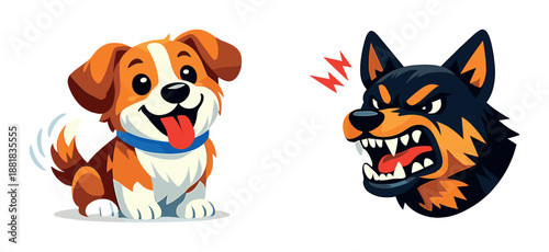 Cute happy puppy and fierce angry dog cartoon illustration on dark background