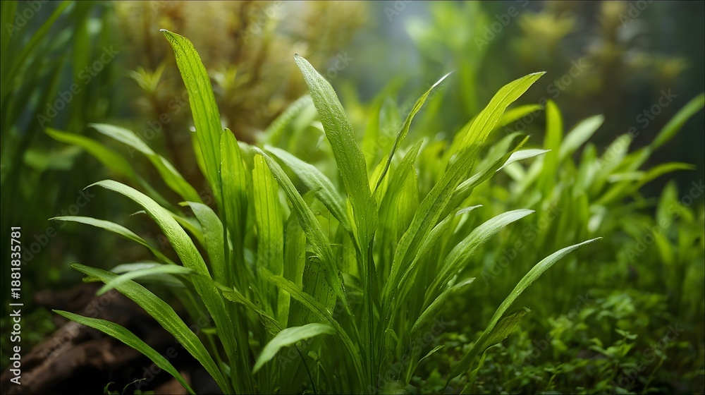 Fototapeta premium A vibrant cluster of lush green aquatic plants thrives in a home aquarium showcasing healthy growth and natural beauty