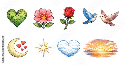 Colorful nature and love symbols: hearts, flowers, birds, moon, star, sunrise