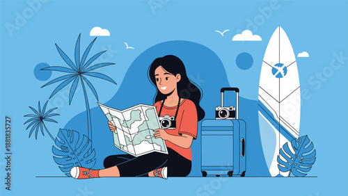 Young woman traveler sitting on the floor studying a map with a camera, suitcase, and surfboard for a summer vacation.