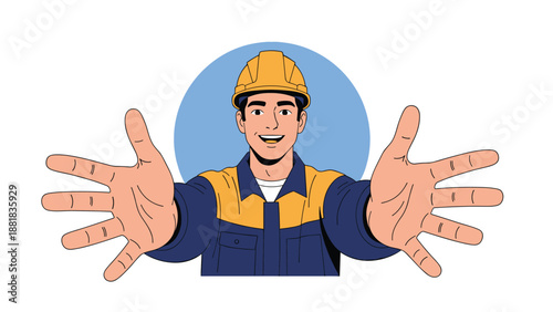 Friendly construction worker wearing a yellow hard hat and blue uniform reaching out his hands with a warm smile.