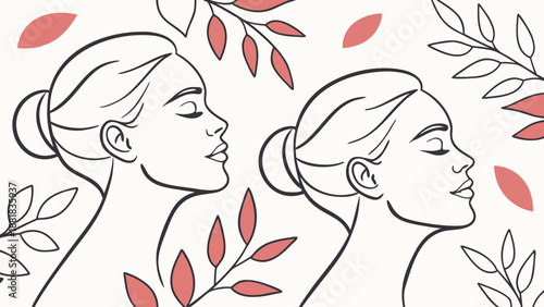 Serene women with eyes closed, surrounded by delicate botanical elements, evoking peace and natural beauty.