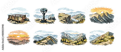 Hand-drawn mountain landscapes featuring sunsets and scenic vistas