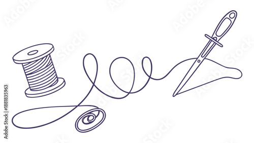 Simple hand drawn illustration of a sewing needle and thread spool