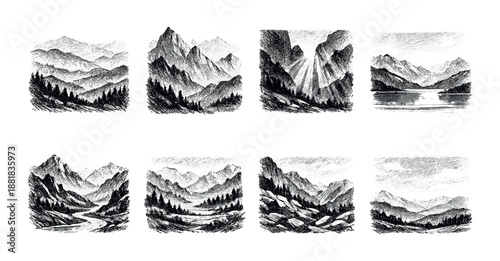 Monochrome mountain landscape sketches with forests and river views