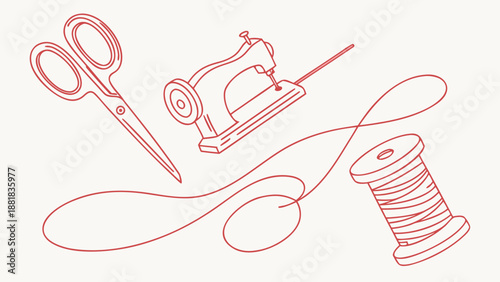 Minimalist line art illustration of sewing tools and supplies