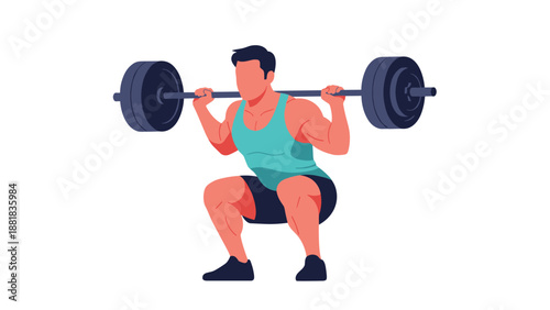 Strong man performing a heavy barbell squat exercise for strength and muscle building on a plain white background.