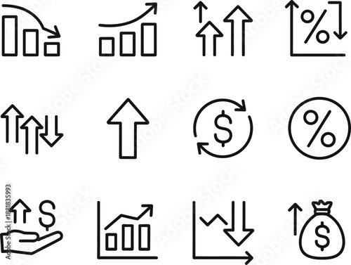 Conceptual icons for financial trends, growth, decline, and business analysis