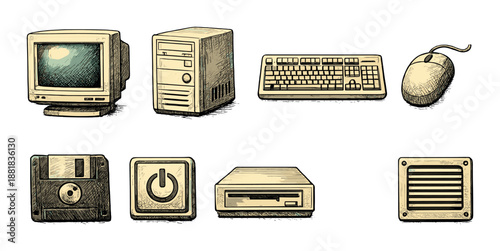 Vintage computer icons set featuring monitor, tower, keyboard, mouse, floppy disk, power button, cd drive, vent