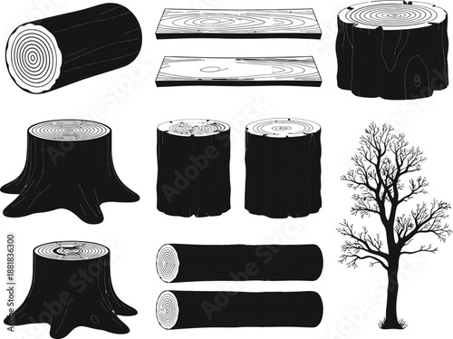 Assortment of wood types cut logs, tree stumps, timber planks, and a leafless tree illustration