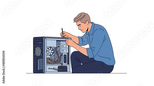 Professional technician repairing the internal components of a desktop computer case with a small precision tool.