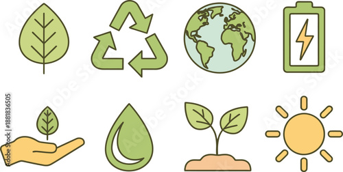 Essential environmental vector icons promoting ecology and responsible resource use