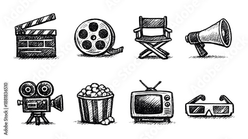 Chalk-style cinema icons with clapperboard, film reel, director's chair, and more