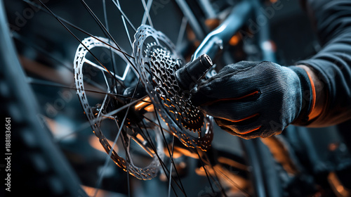 Professional mechanic in gloves repairing the rear cassette of a bicycle wheel.