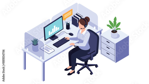 Professional customer support representative with a headset working at her computer desk in an office cubicle.