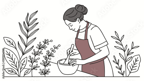 Woman preparing natural remedies surrounded by lush greenery, embracing wellness and organic living.