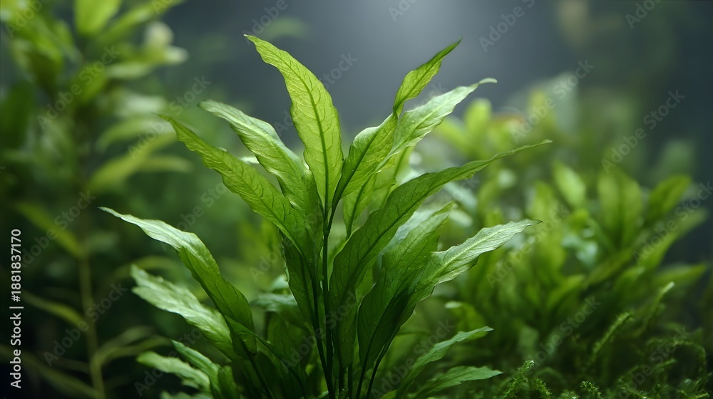 Fototapeta premium Detailed close up of lush green aquatic plants with intricate leaf veins swaying gently underwater in a serene softly lit aquarium