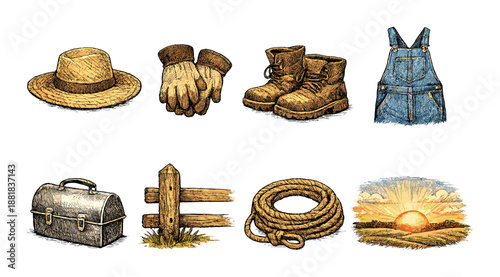 Vintage farm tools and clothing: hat, gloves, boots, overalls, lunchbox, fence, rope, sunrise