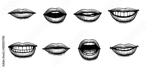 Hand-drawn lips expressions: detailed sketches of various mouth movements